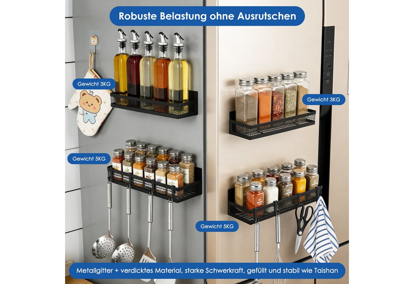 BlingBin Gewürzregal Magnetisches Gewürzregal für Kühlschrank, 4/3pcs Magnetregal mit Haken, 4er Set 4-tlg., mit beweglichen 8 Haken für Küchenorganisation und Lagerung Bild 4