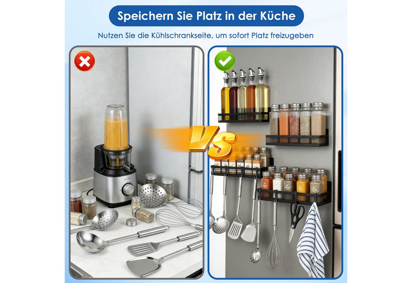 BlingBin Gewürzregal Magnetisches Gewürzregal für Kühlschrank, 4/3pcs Magnetregal mit Haken, 4er Set 4-tlg., mit beweglichen 8 Haken für Küchenorganisation und Lagerung Bild 5