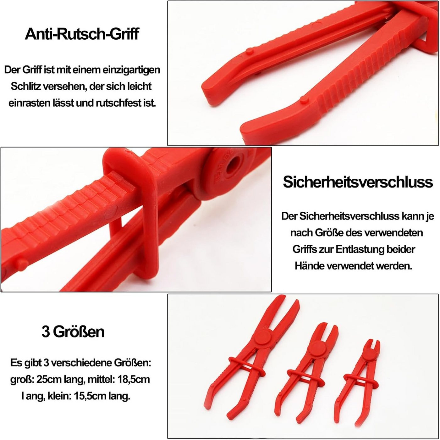 BlingBin Schlauchklemmenzange 6er Set Schlauch Pinch Off Zangen Set Line Klemmen, mit Sicherungsring, 6er Set 6-tlg., groß: 25 cm, mittel: 18,5 cm, klein: 15,5 cm, 3 Größen, für Bremsschläuche, Kraftstoffschläuche, Kühlmittelschläuche