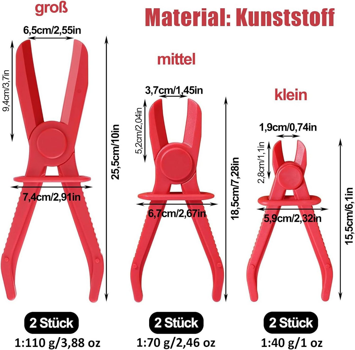 BlingBin Schlauchklemmenzange 6er Set Schlauch Pinch Off Zangen Set Line Klemmen, mit Sicherungsring, 6er Set 6-tlg., groß: 25 cm, mittel: 18,5 cm, klein: 15,5 cm, 3 Größen, für Bremsschläuche, Kraftstoffschläuche, Kühlmittelschläuche Bild 2