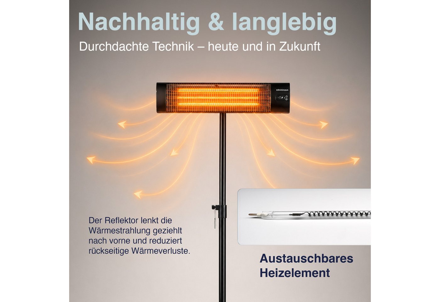 Könighaus Heizstrahler Infrarot-Terrassenheizstrahler, 2000 W, mit Stativ & Wandhalterung, 2000 W, 2 Heizstufen, Fernbedienung, Timer, 2,80-m-Kabel, Schutzhülle, IP44