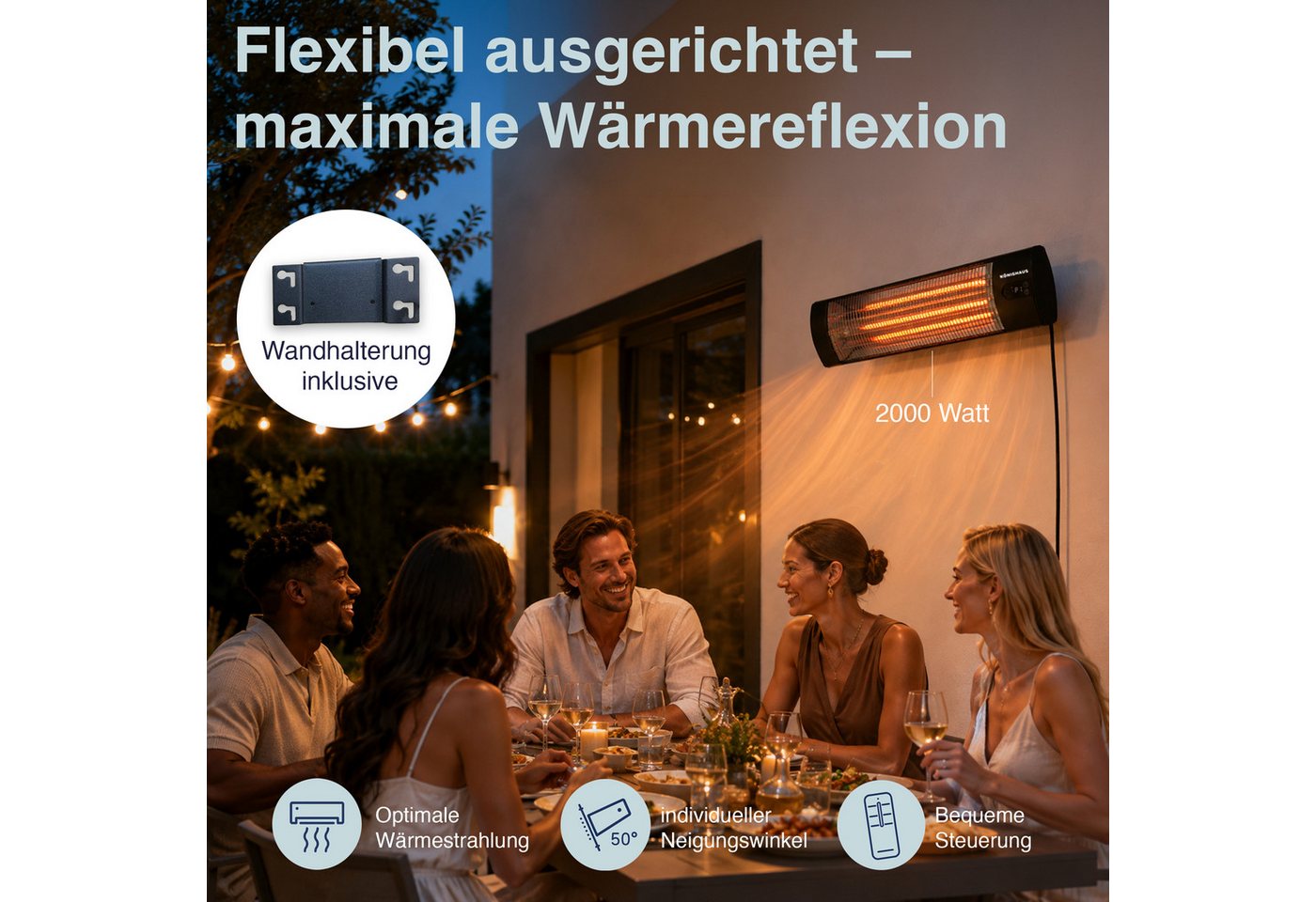 Könighaus Heizstrahler Infrarot-Terrassenheizstrahler, 2000 W, mit Stativ & Wandhalterung, 2000 W, 2 Heizstufen, Fernbedienung, Timer, 2,80-m-Kabel, Schutzhülle, IP44 Bild 2