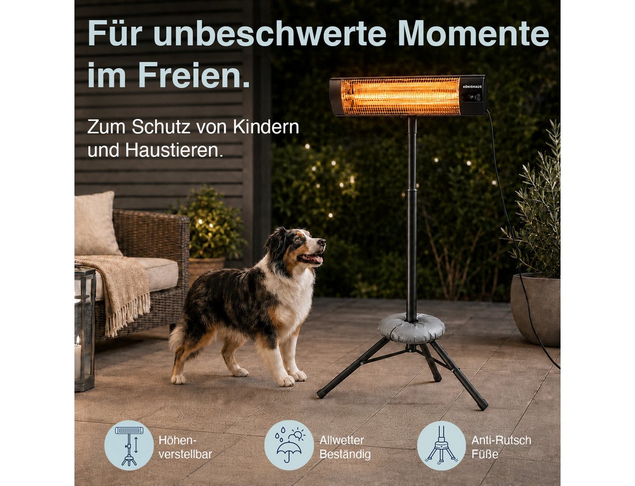 Könighaus Heizstrahler Infrarot-Terrassenheizstrahler, 2000 W, mit Stativ & Wandhalterung, 2000 W, 2 Heizstufen, Fernbedienung, Timer, 2,80-m-Kabel, Schutzhülle, IP44 Bild 3