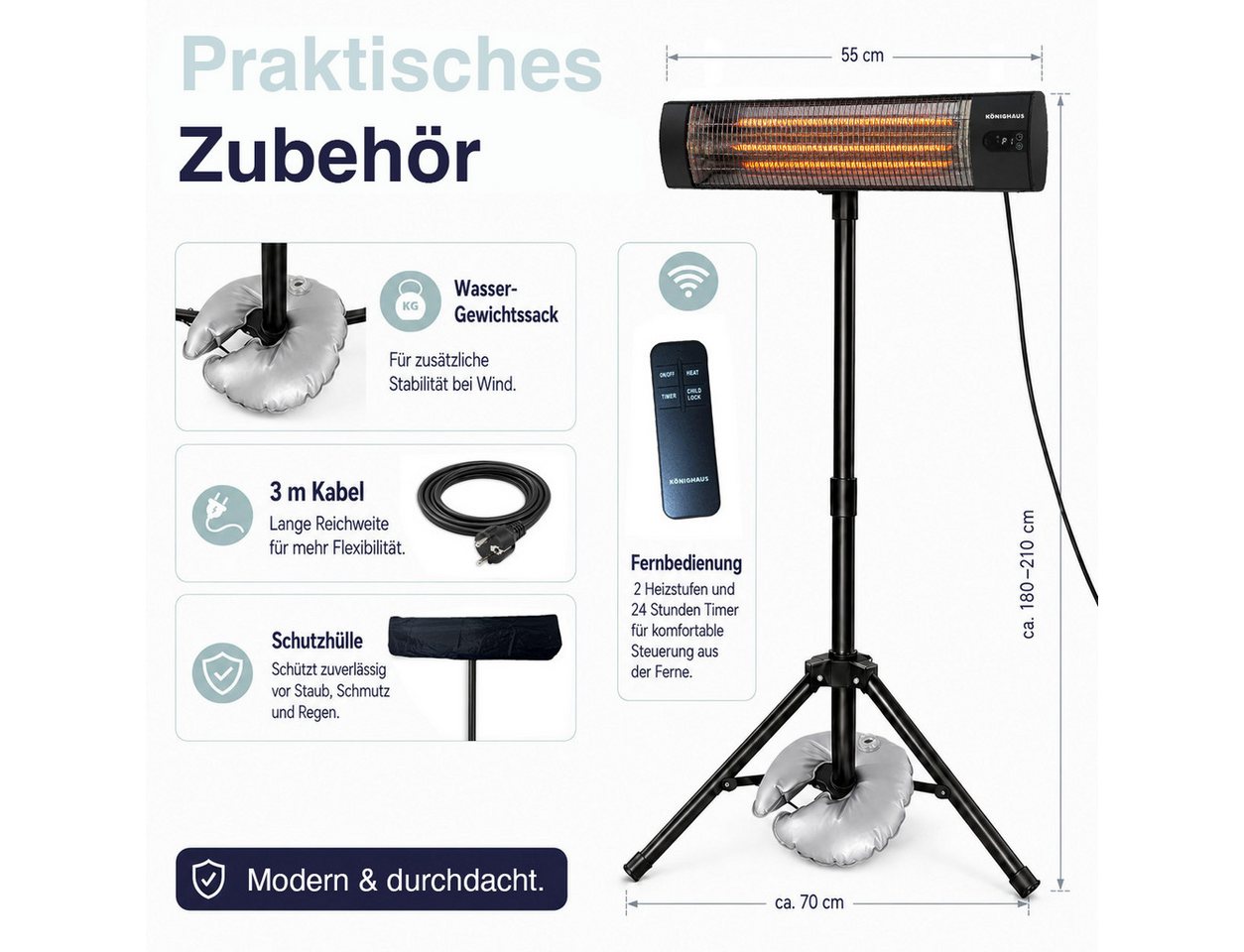 Könighaus Heizstrahler Infrarot-Terrassenheizstrahler, 2000 W, mit Stativ & Wandhalterung, 2000 W, 2 Heizstufen, Fernbedienung, Timer, 2,80-m-Kabel, Schutzhülle, IP44 Bild 5