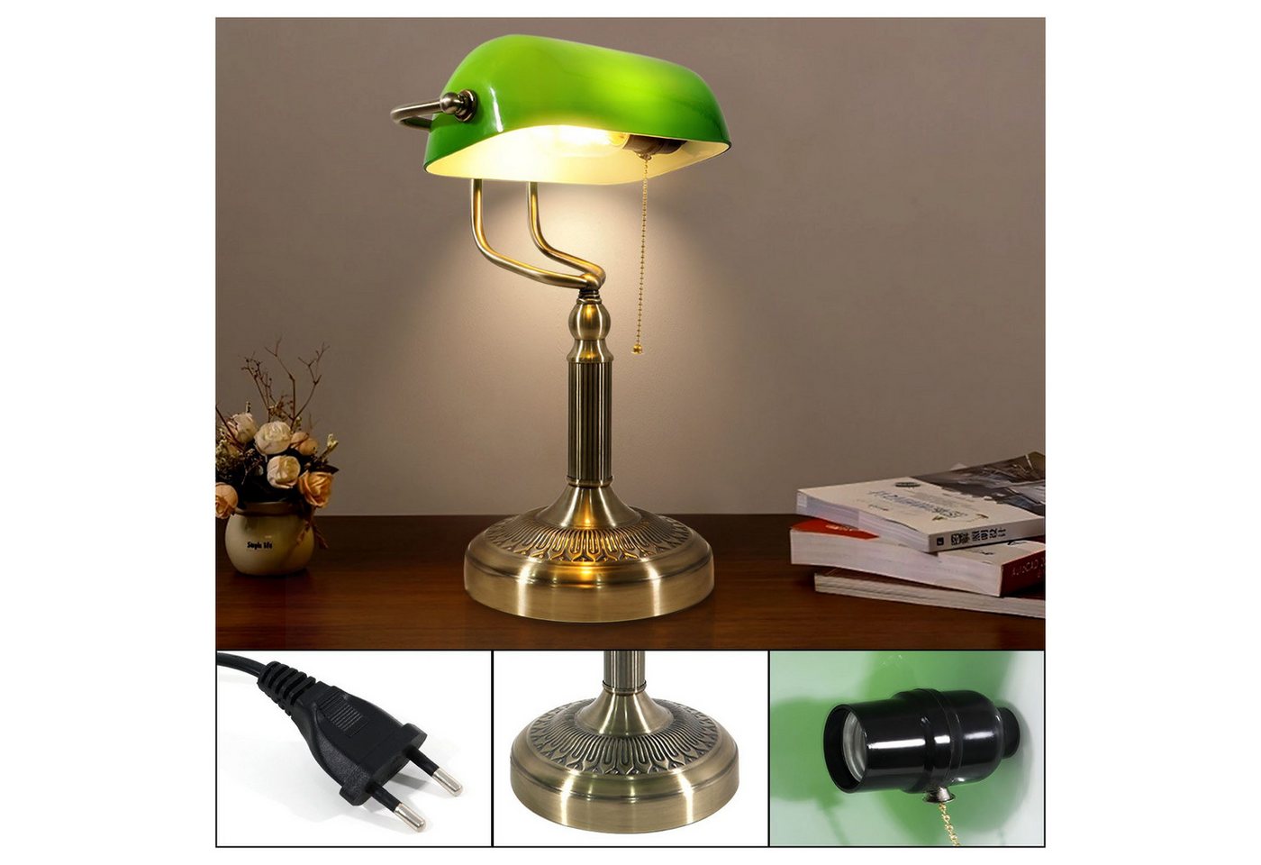 POPOLIC Tischleuchte Retro Bankerlampe aus grün Glas, LED Tischleuchte mit Kabelzugschalter, steckbare Dekoleuchte für Büro & Wohnzimmer Bild 3