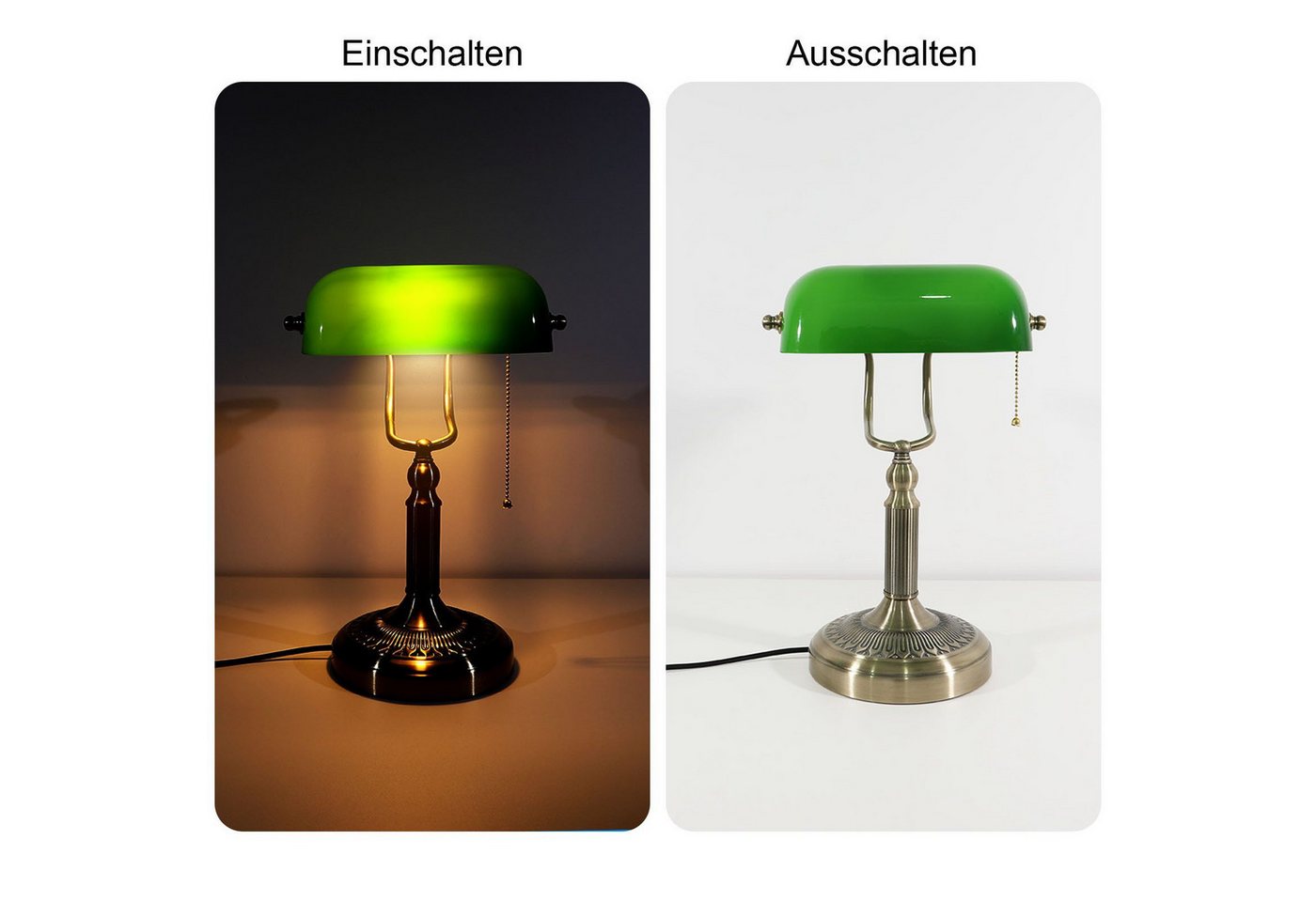 POPOLIC Tischleuchte Retro Bankerlampe aus grün Glas, LED Tischleuchte mit Kabelzugschalter, steckbare Dekoleuchte für Büro & Wohnzimmer Bild 4