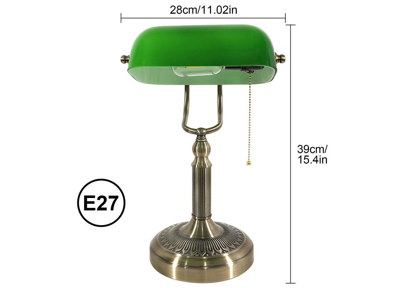 POPOLIC Tischleuchte Retro Bankerlampe aus grün Glas, LED Tischleuchte mit Kabelzugschalter, steckbare Dekoleuchte für Büro & Wohnzimmer Bild 5