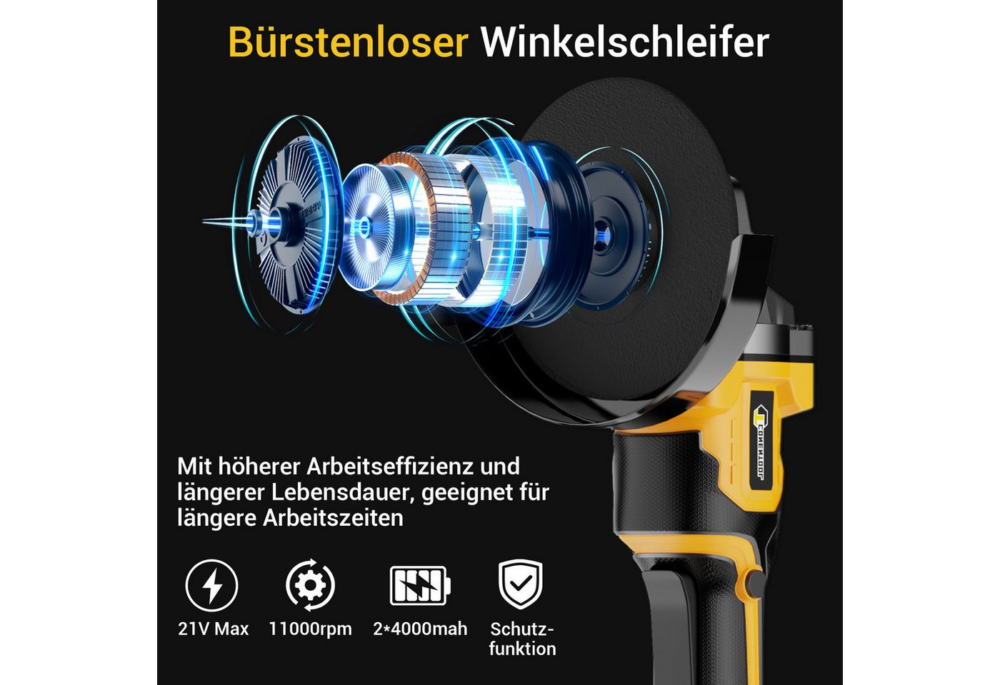 CONENTOOL Akku-Winkelschleifer 21V Winkelschleifer bürstenloser Motor, max. 11000 U/min, (6 tlg), 2x 4,0 Ah Akku, Ladegerät, Transportkoffer