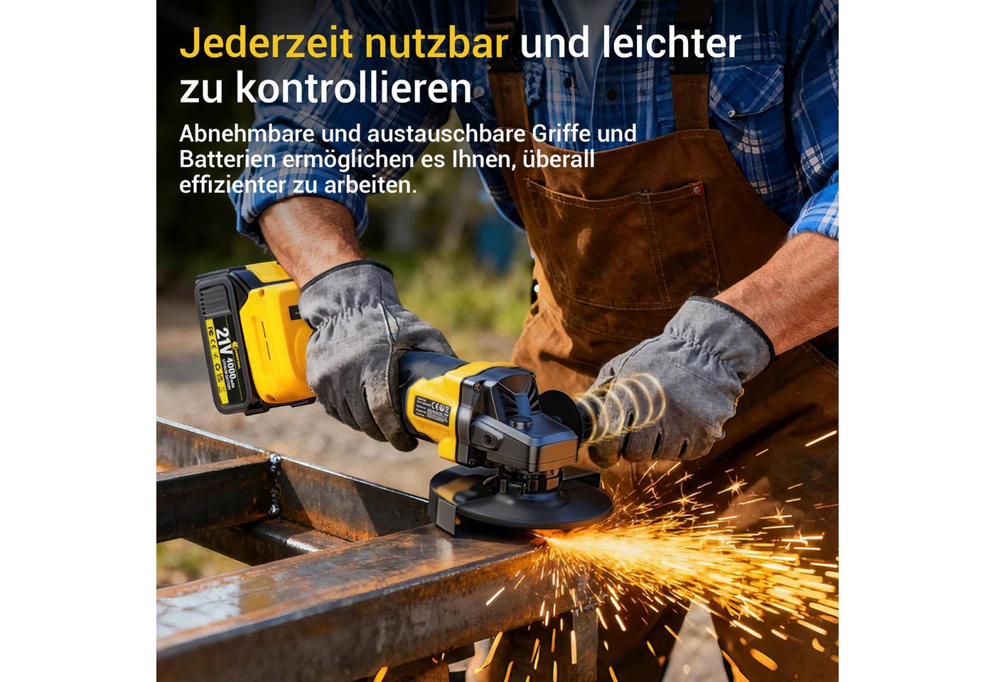 CONENTOOL Akku-Winkelschleifer 21V Winkelschleifer bürstenloser Motor, max. 11000 U/min, (6 tlg), 2x 4,0 Ah Akku, Ladegerät, Transportkoffer Bild 2