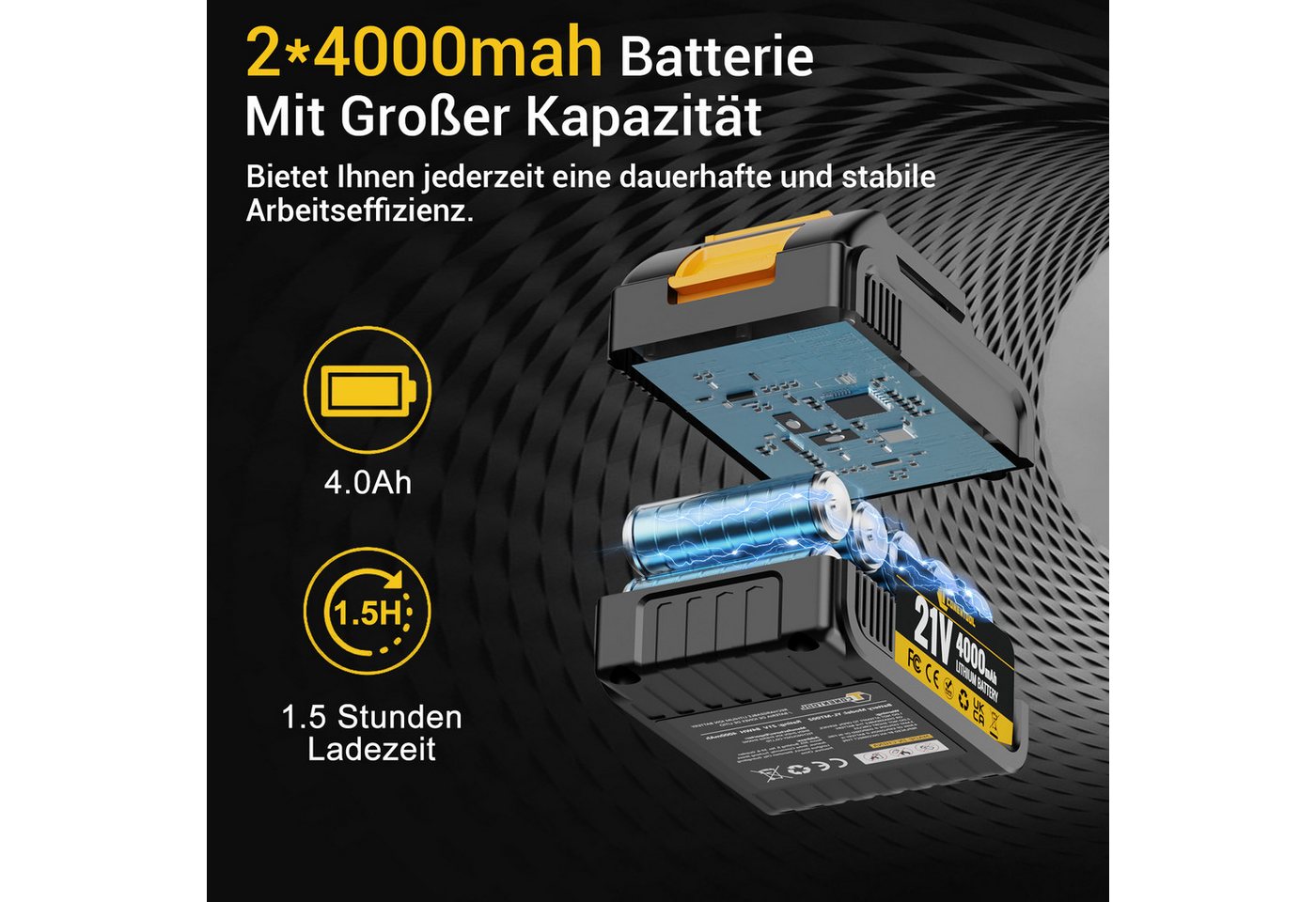 CONENTOOL Akku-Winkelschleifer 21V Winkelschleifer bürstenloser Motor, max. 11000 U/min, (6 tlg), 2x 4,0 Ah Akku, Ladegerät, Transportkoffer Bild 4