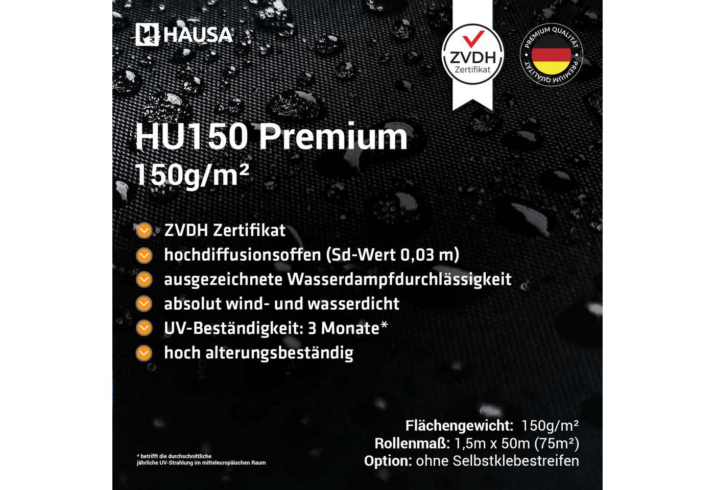 Hausa Dachbahn Unterspannbahn Premium HU150 gemäß ZVDH Klasse UDB-A / USB-A, Ohne Selbstklebestreifen, 150 m² pro Paket, (150g/m², 2-St., 2 x 1,5m x 50m), flexible dreilagige hochdiffusionsoffene Unterdeckbahn Bild 2