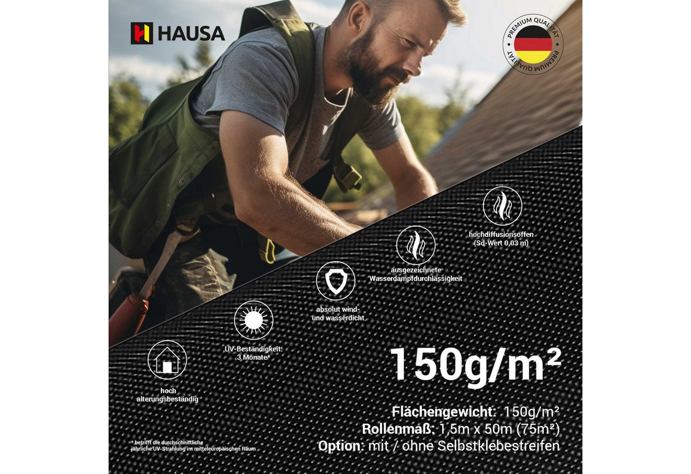 Hausa Dachbahn Unterspannbahn Premium HU150 gemäß ZVDH Klasse UDB-A / USB-A, Ohne Selbstklebestreifen, 150 m² pro Paket, (150g/m², 2-St., 2 x 1,5m x 50m), flexible dreilagige hochdiffusionsoffene Unterdeckbahn Bild 4
