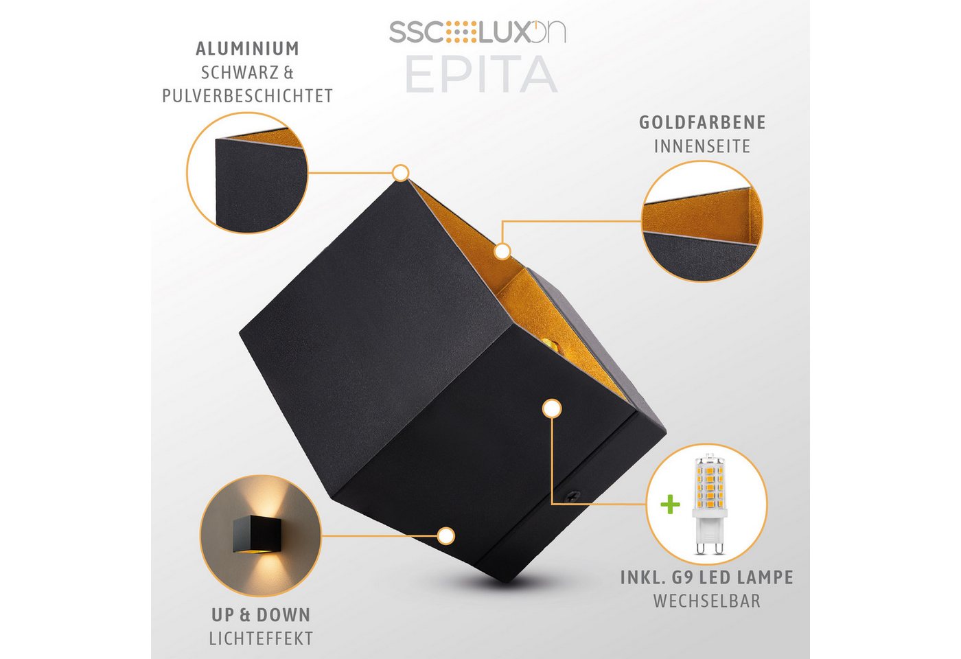 SSC-LUXon LED Wandleuchte LED Wandleuchte EPITA schwarz Up Down mit G9 Birne 3W dimmbar warmweiß, Warmweiß