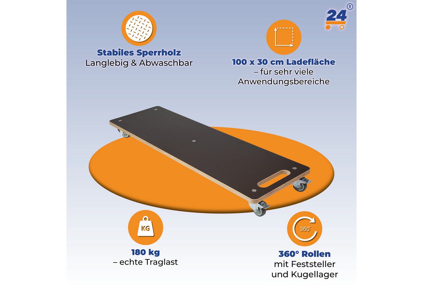 Rollbrett24 Transportroller Lastenmeter 100x30cm - 180kg Traglast, Möbel & Umzug, (1-St., 1 Meter langes Rollbrett für sperrige Gegenstände), praktische Transporthilfe für sperrige Gegenstände