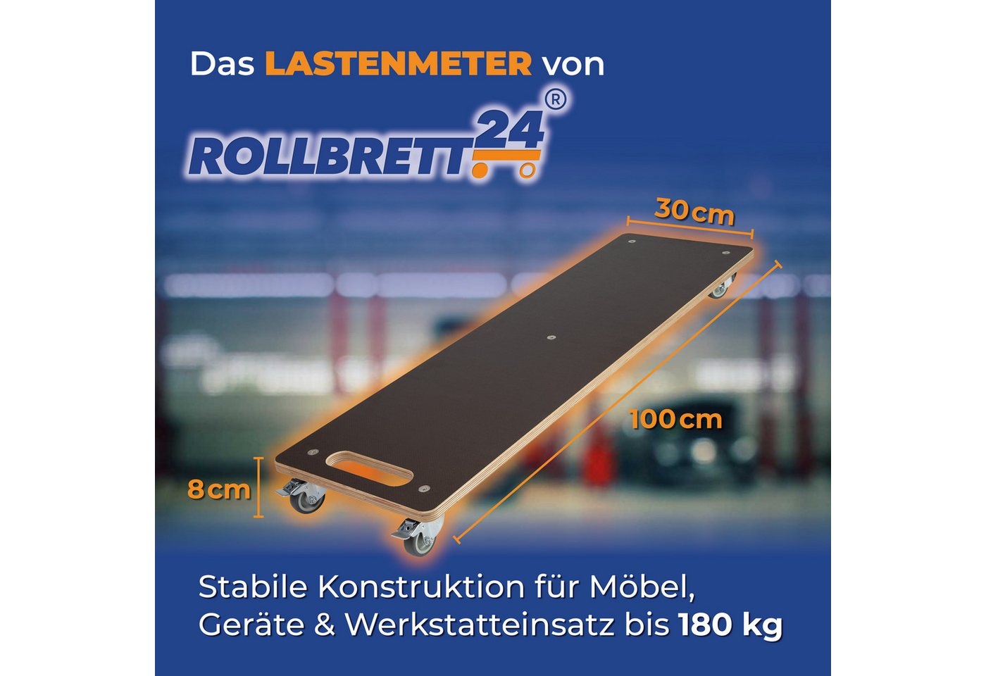 Rollbrett24 Transportroller Lastenmeter 100x30cm - 180kg Traglast, Möbel & Umzug, (1-St., 1 Meter langes Rollbrett für sperrige Gegenstände), praktische Transporthilfe für sperrige Gegenstände Bild 2