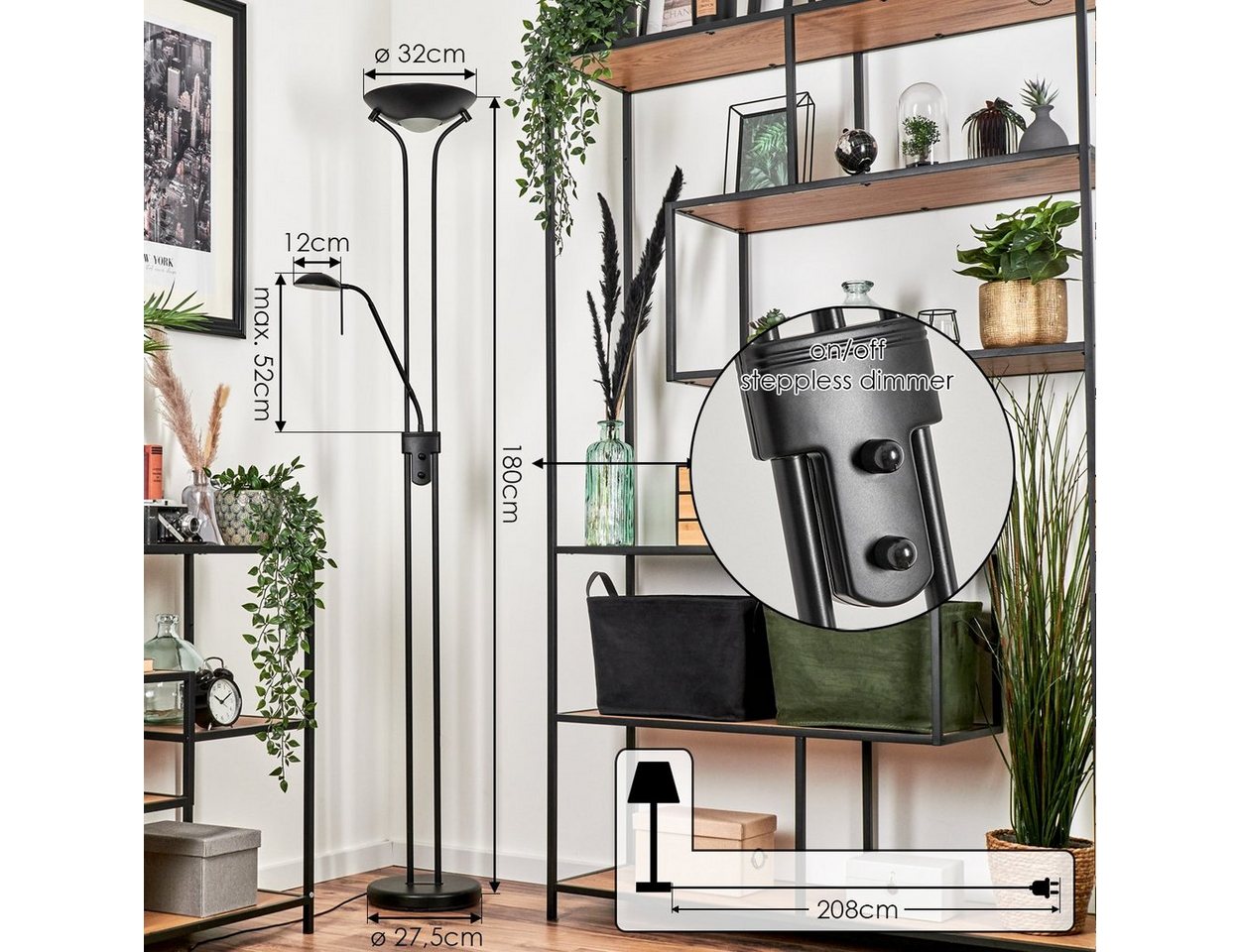 hofstein Stehlampe moderne Bodenlampe aus Metall/Glas in Schwarz/Weiß, LED fest integriert, 3000 Kelvin, verstellbare Stehlampe, 2070 Lumen, dimmbar über An-/Ausschalter