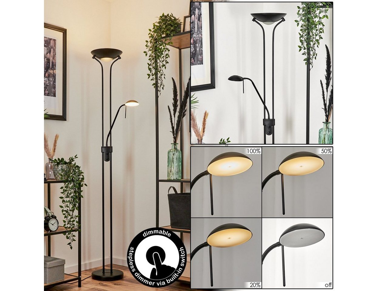hofstein Stehlampe moderne Bodenlampe aus Metall/Glas in Schwarz/Weiß, LED fest integriert, 3000 Kelvin, verstellbare Stehlampe, 2070 Lumen, dimmbar über An-/Ausschalter Bild 3
