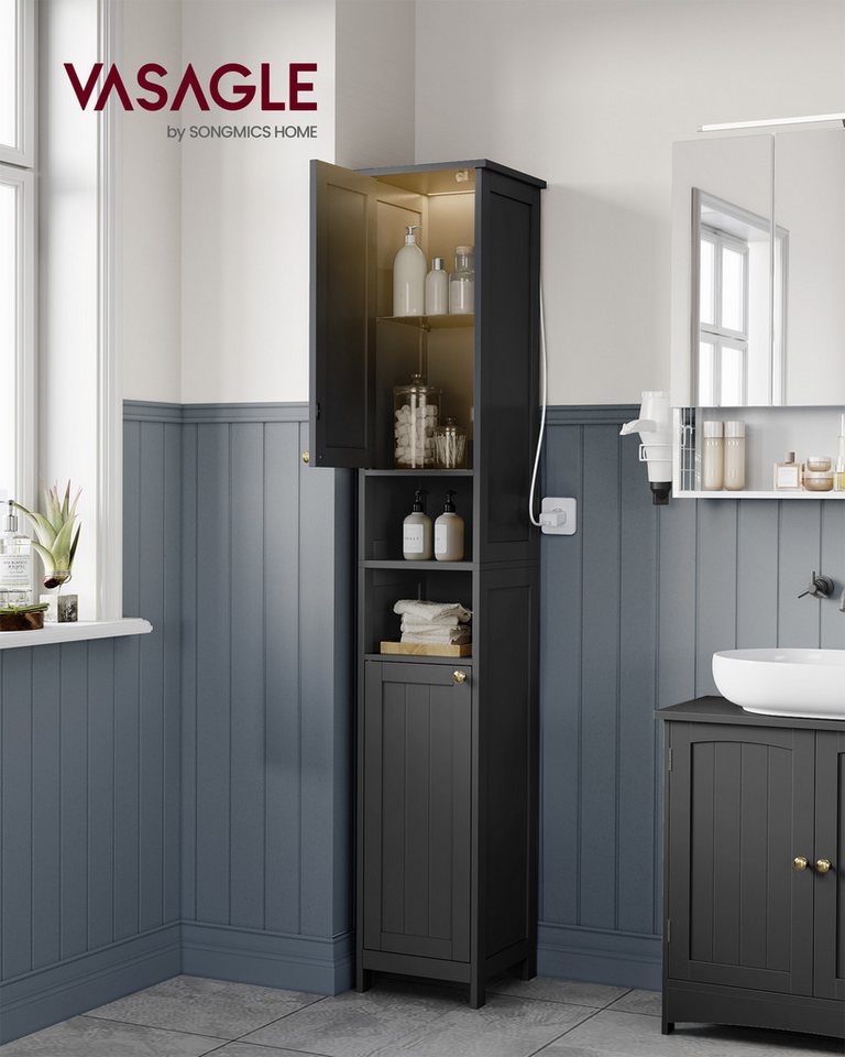 VASAGLE Badkommode Badezimmerschrank schlanker Badschrank mit Beleuchtung, 30 cm breit, mit verstellbaren Ablagen, modern, hoch, für kleine Räume
