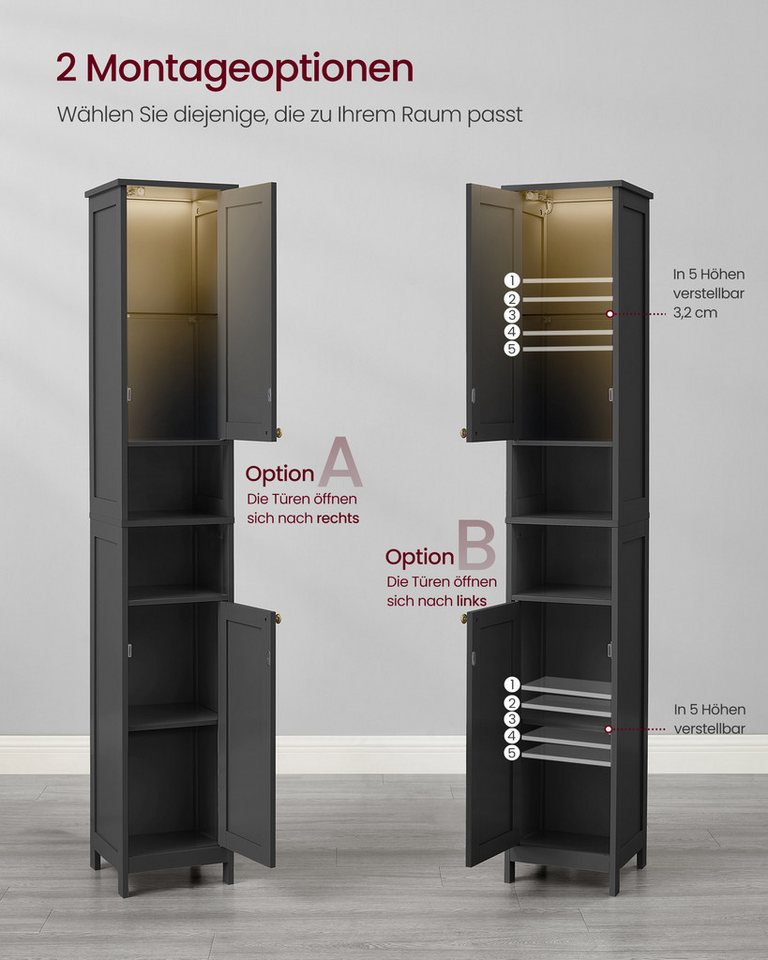 VASAGLE Badkommode Badezimmerschrank schlanker Badschrank mit Beleuchtung, 30 cm breit, mit verstellbaren Ablagen, modern, hoch, für kleine Räume Bild 2