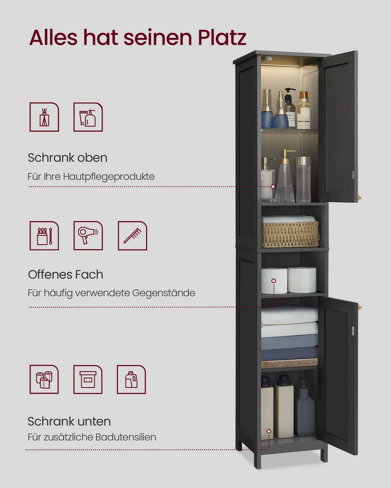 VASAGLE Badkommode Badezimmerschrank schlanker Badschrank mit Beleuchtung, 30 cm breit, mit verstellbaren Ablagen, modern, hoch, für kleine Räume Bild 4