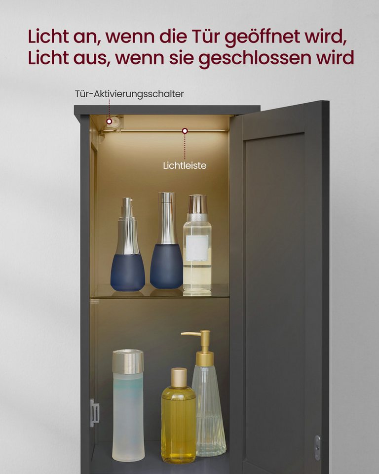 VASAGLE Badkommode Badezimmerschrank schlanker Badschrank mit Beleuchtung, 30 cm breit, mit verstellbaren Ablagen, modern, hoch, für kleine Räume Bild 5
