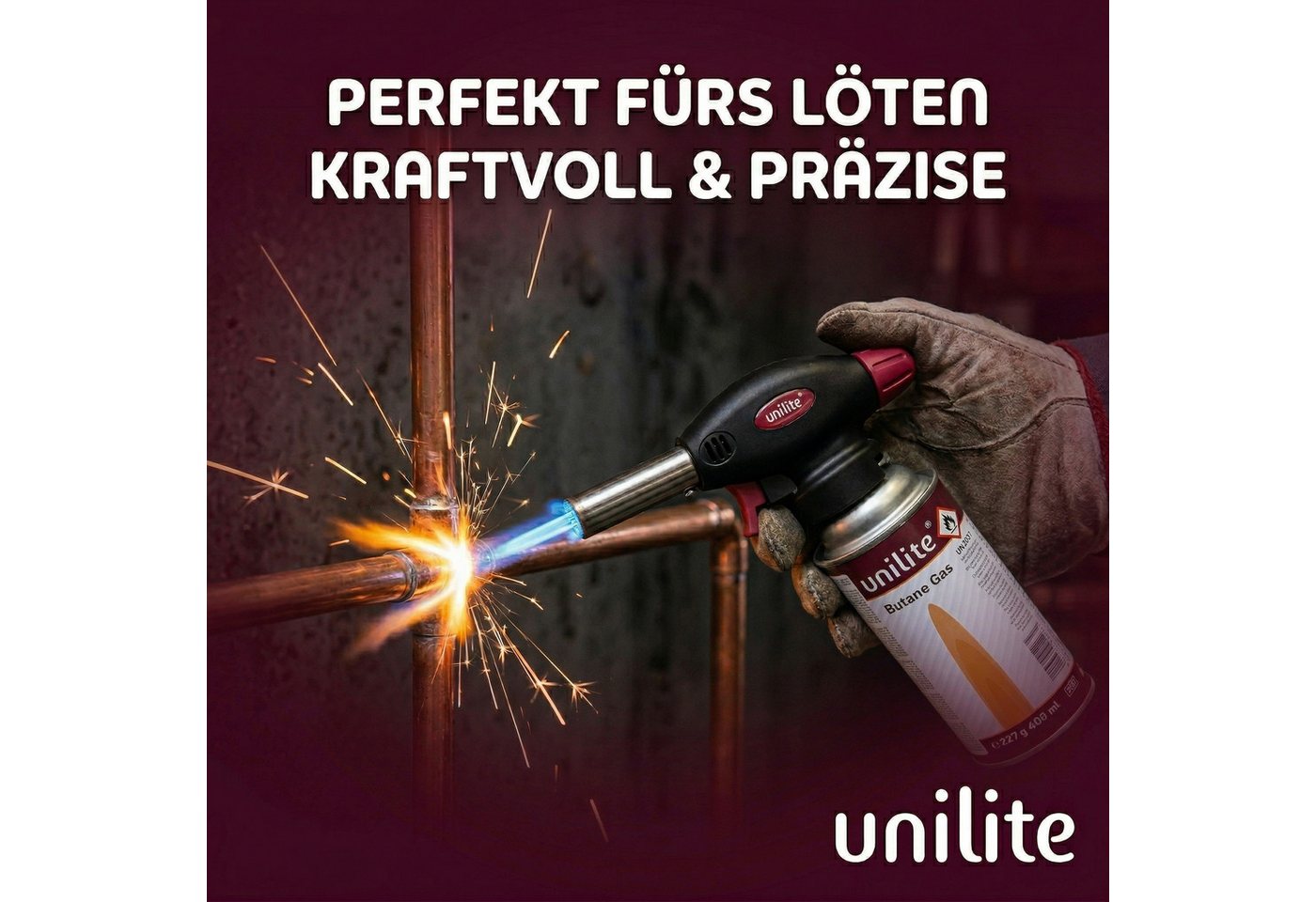 Unilite Flambierbrenner Gasbrenner Lötbrenner Set mit 2 x 227g Gaskartuschen, (3-tlg), 1300W, 1300°C, Piezozündung, MSF-1A-Kompatibel Bild 2