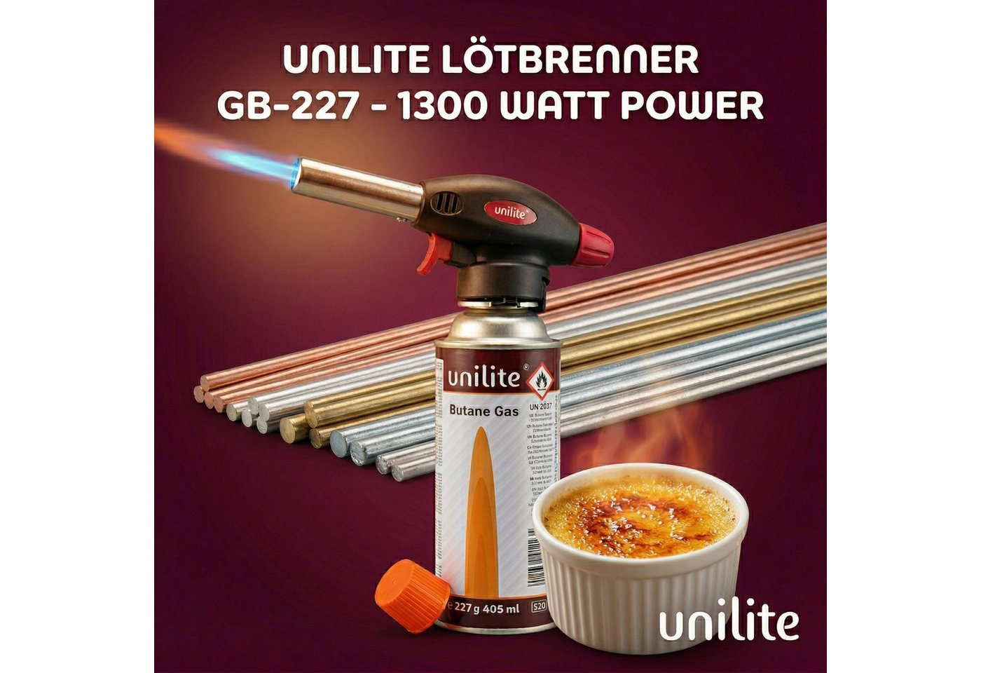 Unilite Flambierbrenner Gasbrenner Lötbrenner Set mit 2 x 227g Gaskartuschen, (3-tlg), 1300W, 1300°C, Piezozündung, MSF-1A-Kompatibel Bild 3