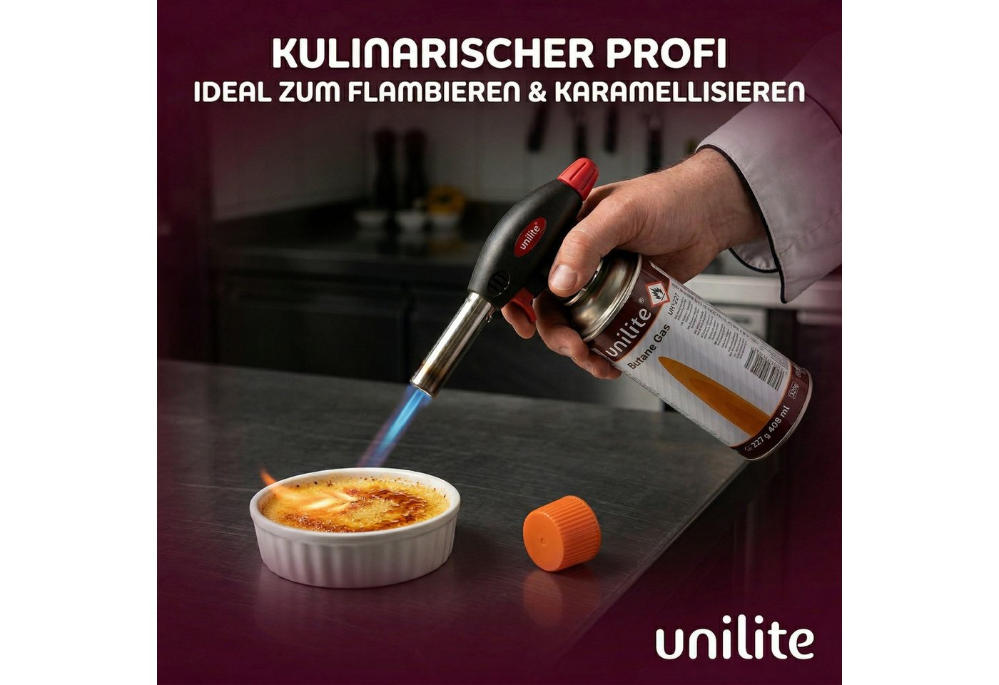 Unilite Flambierbrenner Gasbrenner Lötbrenner Set mit 2 x 227g Gaskartuschen, (3-tlg), 1300W, 1300°C, Piezozündung, MSF-1A-Kompatibel Bild 4