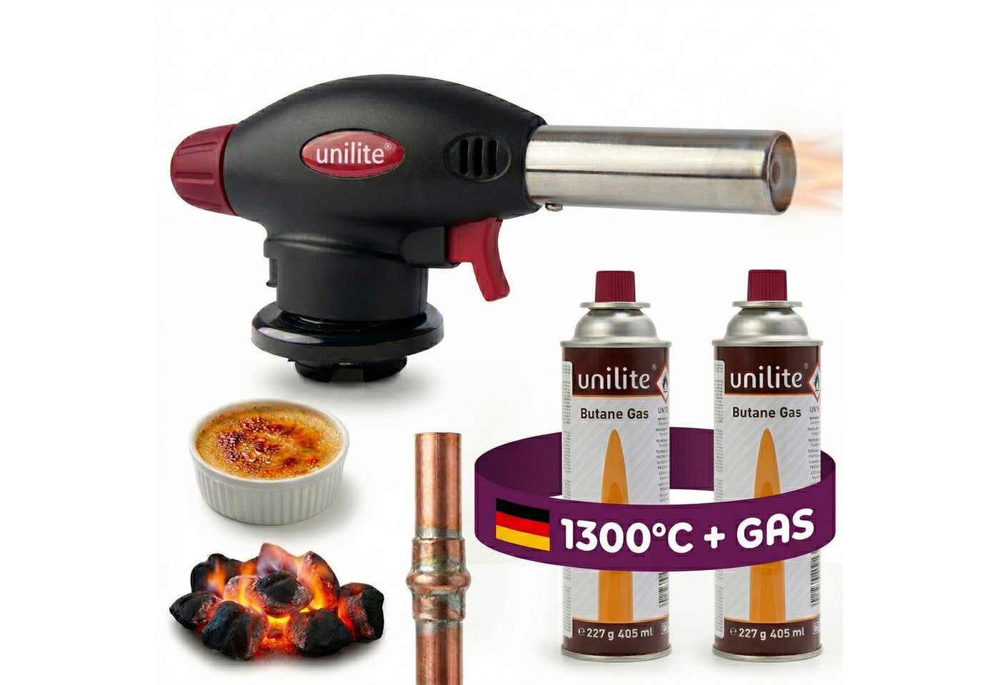 Unilite Flambierbrenner Gasbrenner Lötbrenner Set mit 2 x 227g Gaskartuschen, (3-tlg), 1300W, 1300°C, Piezozündung, MSF-1A-Kompatibel Bild 5