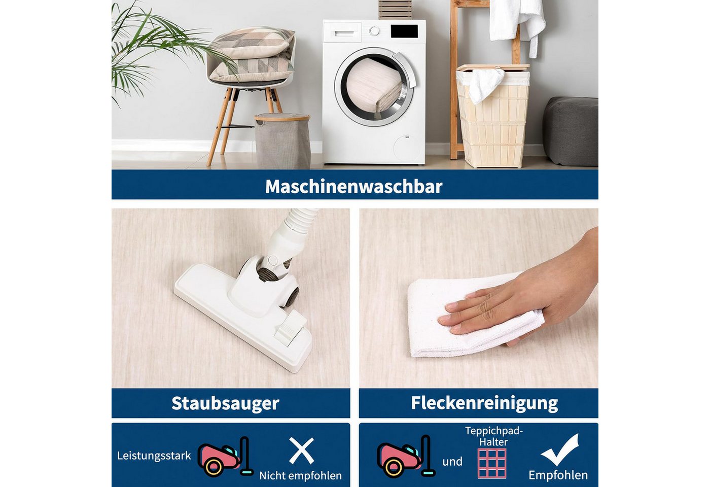 GarveeMore Teppich Waschbarer Teppich, 1200 g/m², TPR-Rutschschutz-Rücken, für Wohnzimmer, Schlafzimmer, Flur & Küche
