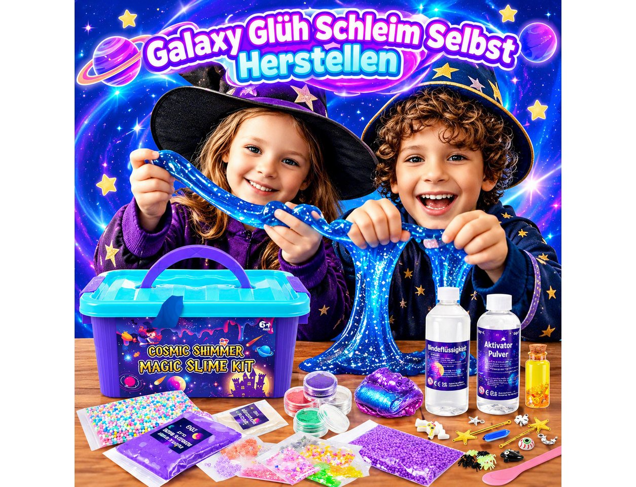 Wootoy Kreativset Experimentierkasten Schleim Bastelset Galaxy Einhorn DIY Slime Kit, (mit Glitzer Leuchteffekt Perlen und Deko, 1-tlg., Galaxy und Magic Kreativspielzeug), Fördert Kreativität Feinmotorik und spielerisches Experimentieren
