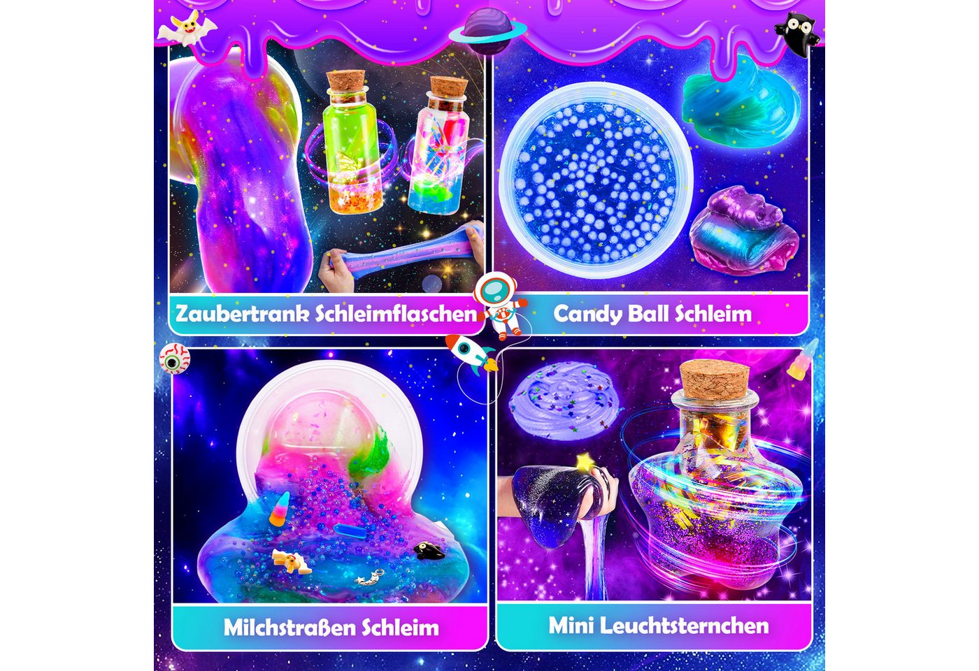 Wootoy Kreativset Experimentierkasten Schleim Bastelset Galaxy Einhorn DIY Slime Kit, (mit Glitzer Leuchteffekt Perlen und Deko, 1-tlg., Galaxy und Magic Kreativspielzeug), Fördert Kreativität Feinmotorik und spielerisches Experimentieren Bild 3