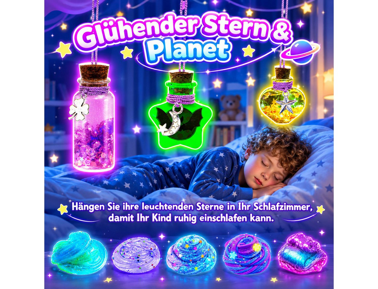 Wootoy Kreativset Experimentierkasten Schleim Bastelset Galaxy Einhorn DIY Slime Kit, (mit Glitzer Leuchteffekt Perlen und Deko, 1-tlg., Galaxy und Magic Kreativspielzeug), Fördert Kreativität Feinmotorik und spielerisches Experimentieren Bild 4