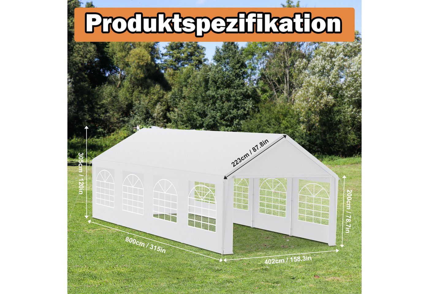 FIVMEN Pavillon 4x8m mit 6 Abnehmbare Seitenwände Gartenpavillon, Verzinktem Stahlgestänge mit Hochzeit Festival Grillparty Bild 5