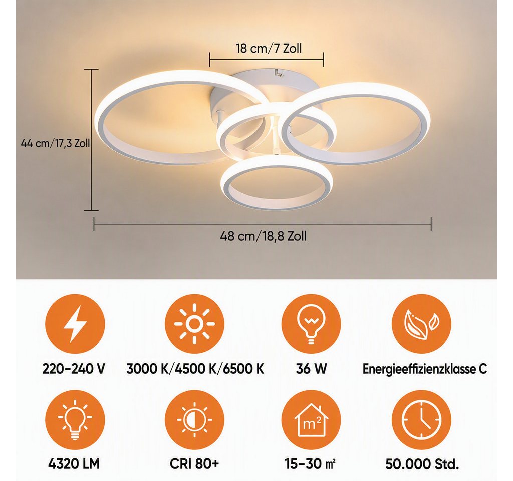 BlingBin LED Deckenleuchte Dimmbar Deckenlampe LED L48 × W44 × H10cm, 3000K/4500K/6500K, LED fest integriert, Tageslichtweiß, Modern Deckenlampe 3000-6500K für Wohnzimmer Küche Flur Bild 2