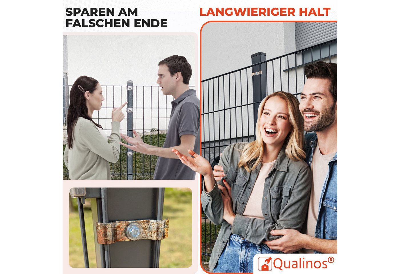 Qualinos Doppelstabmattenzaun Spannbügel 50mm Zaunhalter massiv 3mm für Wand & Pfosten Made in DE, (Montage-Set, 10-St., Spannbügel 50mm für Stabmatten, Edelstahl V2A), Edelstahl V2A, 3mm stark, Made in Germany, für 50mm Matten Bild 2