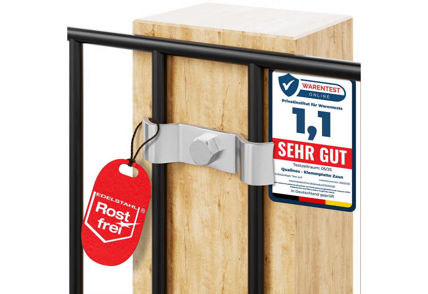 Qualinos Doppelstabmattenzaun Spannbügel 50mm Zaunhalter massiv 3mm für Wand & Pfosten Made in DE, (Montage-Set, 10-St., Spannbügel 50mm für Stabmatten, Edelstahl V2A), Edelstahl V2A, 3mm stark, Made in Germany, für 50mm Matten Bild 3