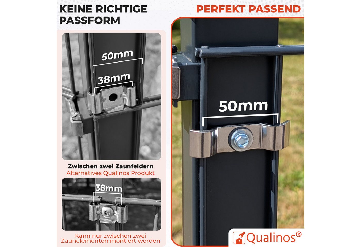 Qualinos Doppelstabmattenzaun Spannbügel 50mm Zaunhalter massiv 3mm für Wand & Pfosten Made in DE, (Montage-Set, 10-St., Spannbügel 50mm für Stabmatten, Edelstahl V2A), Edelstahl V2A, 3mm stark, Made in Germany, für 50mm Matten Bild 5