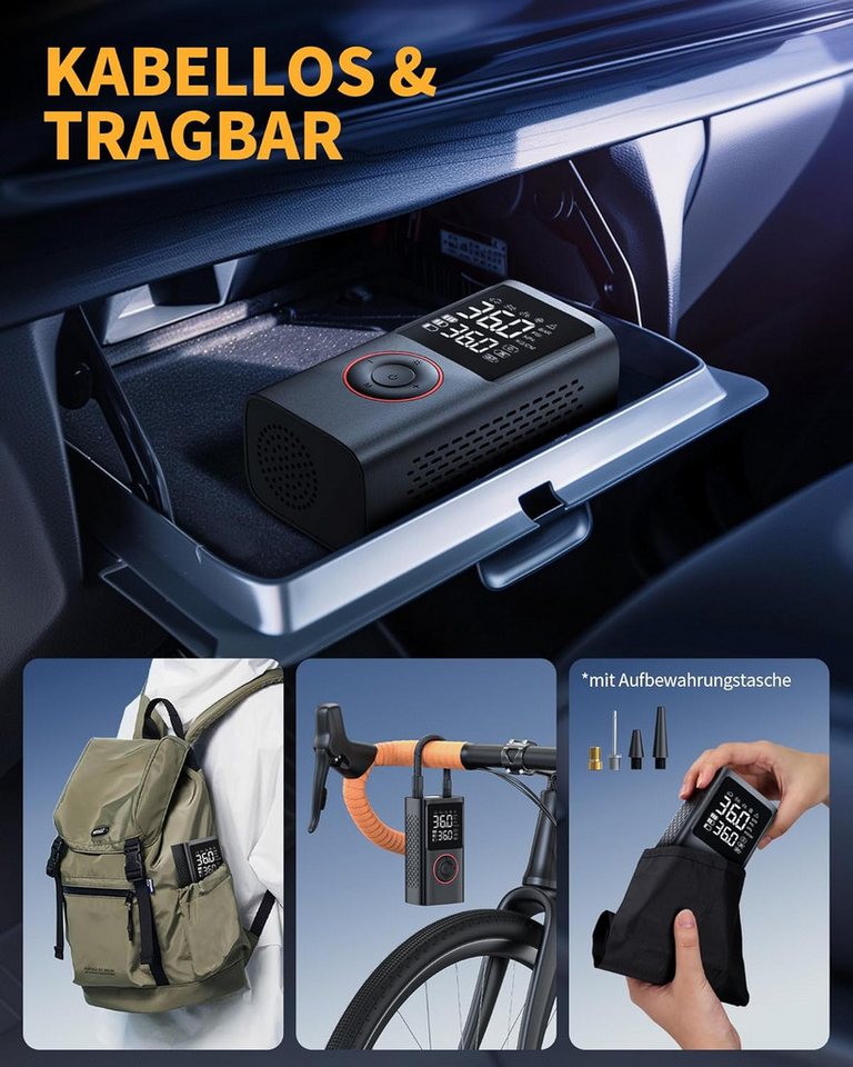 Fyrove Akku-Luftpumpe Kabelloser Elektrische Luftpumpe, Fahrradpumpe Elektrisch (150PSI Akku Kompressor Fahrradpumpe mit LED-Licht & Auto-Stopp, Wiederaufladbare Reifenpumpe für E-Bike, Auto, Motorrad, Bälle) Bild 4
