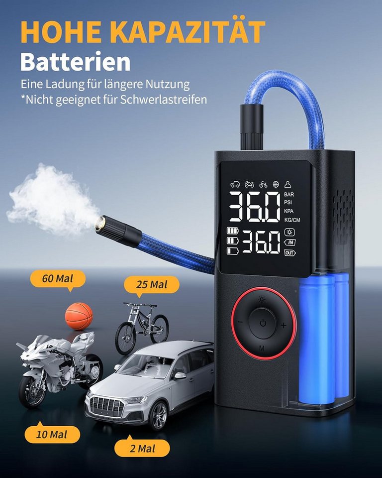 Fyrove Akku-Luftpumpe Kabelloser Elektrische Luftpumpe, Fahrradpumpe Elektrisch (150PSI Akku Kompressor Fahrradpumpe mit LED-Licht & Auto-Stopp, Wiederaufladbare Reifenpumpe für E-Bike, Auto, Motorrad, Bälle) Bild 5