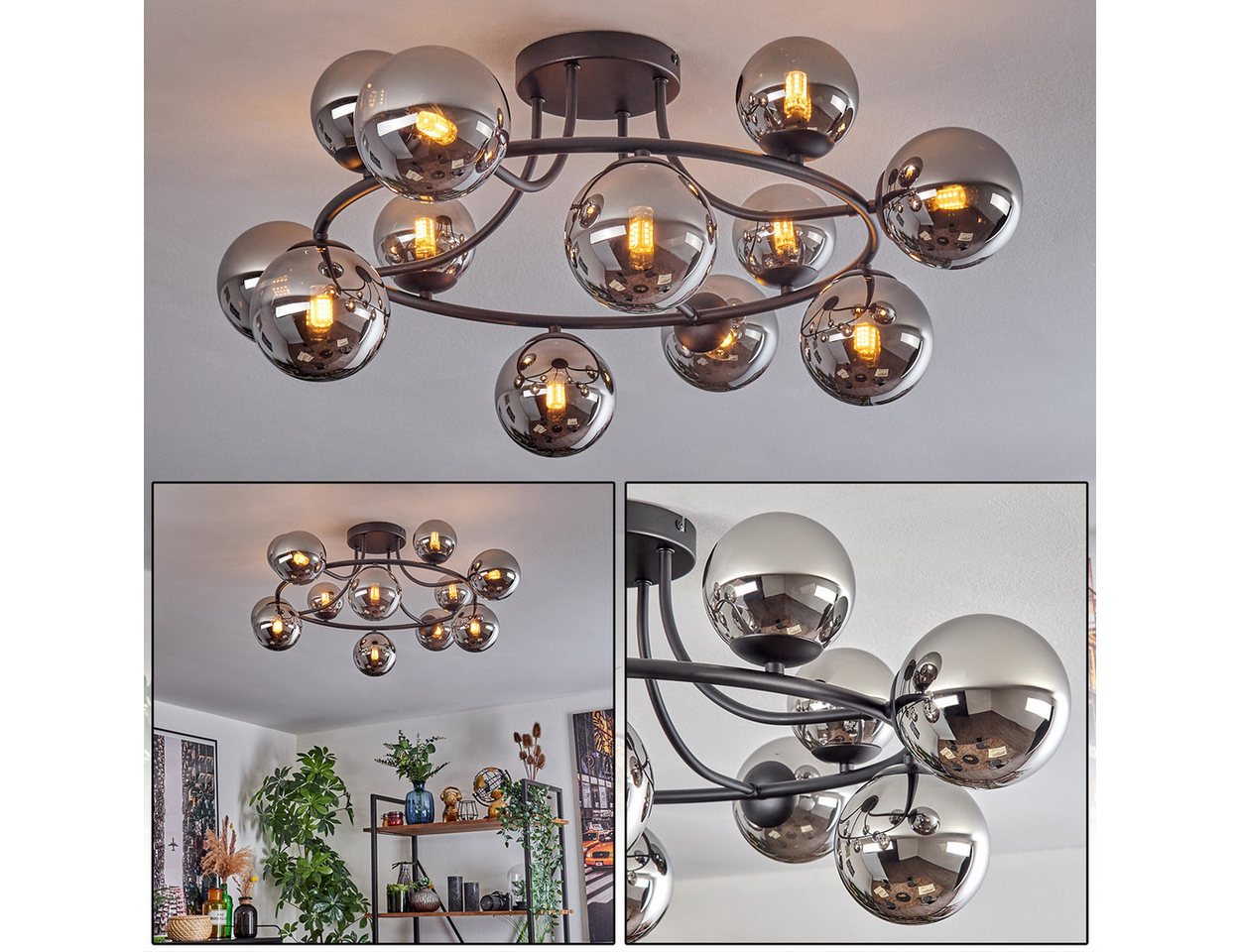 hofstein Deckenleuchte Deckenlampe aus Metall/Glas in Schwarz/Chrom/Rauch, ohne Leuchtmittel, Leuchte im Retro/Vintage-Design (Schirme Ø 10,12 cm), 12 x G9 Bild 4