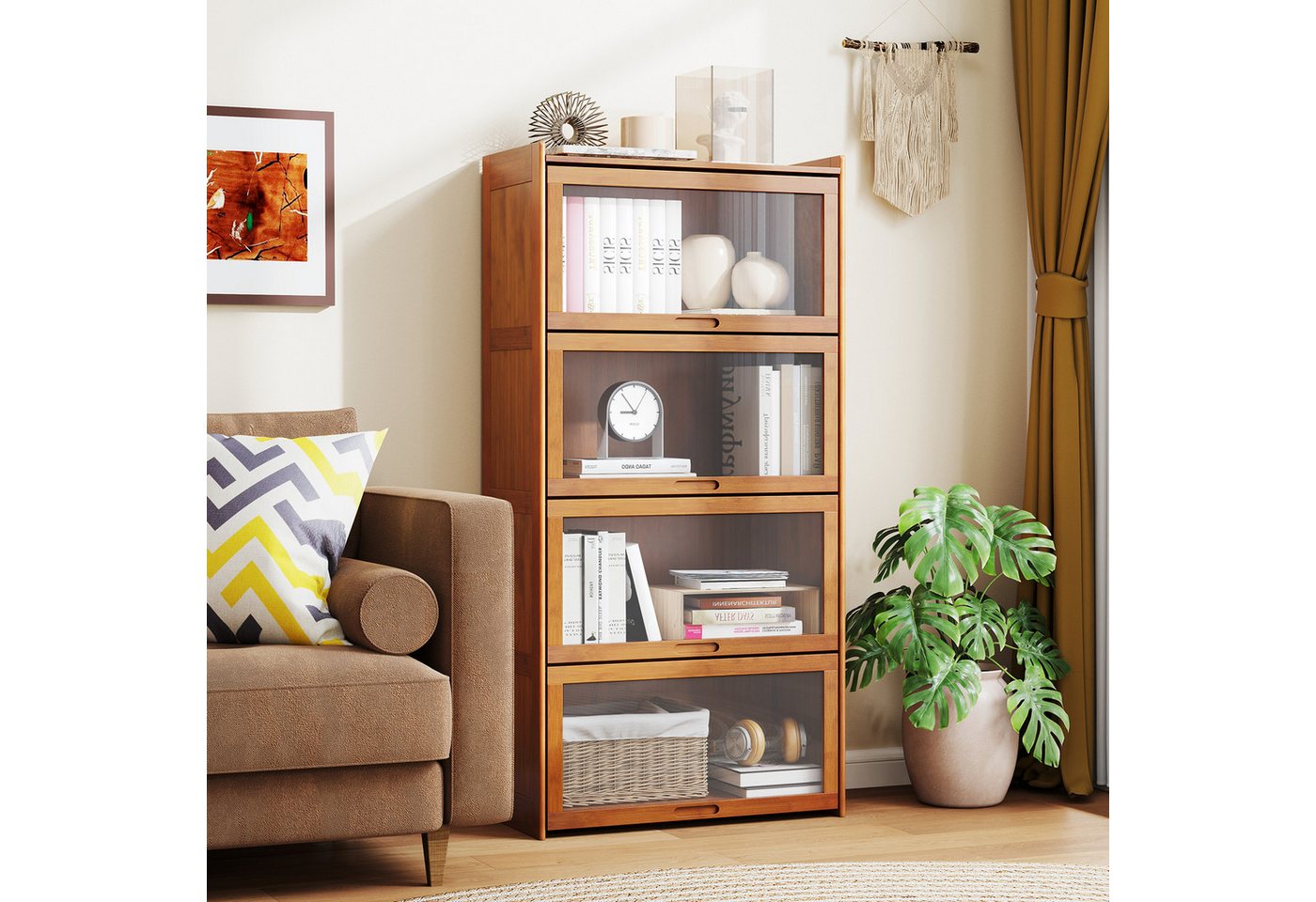 KOMFOTTEU Bücherregal, Vitrinenschrank aus Bambus, mit Türen Bild 5