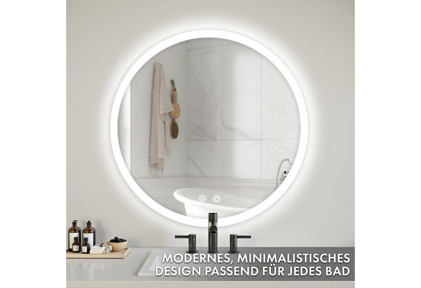 Floordirekt Badspiegel Liora, rundum LED Beleuchtung, Antibeschlag & 3 wählbare Lichtfarben (2 Touch-Schalter, 1-St., 60cm Duchmesser), Stufenlos dimmbare Helligkeit in Warm-, Neutral- & Kaltweiß