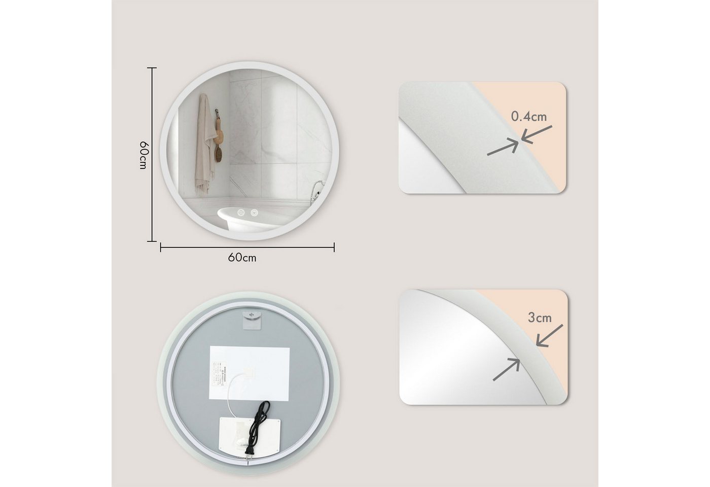 Floordirekt Badspiegel Liora, rundum LED Beleuchtung, Antibeschlag & 3 wählbare Lichtfarben (2 Touch-Schalter, 1-St., 60cm Duchmesser), Stufenlos dimmbare Helligkeit in Warm-, Neutral- & Kaltweiß Bild 3