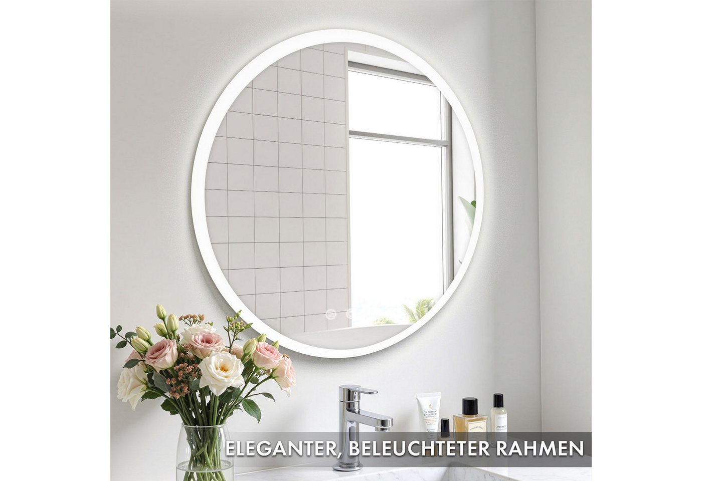 Floordirekt Badspiegel Liora, rundum LED Beleuchtung, Antibeschlag & 3 wählbare Lichtfarben (2 Touch-Schalter, 1-St., 60cm Duchmesser), Stufenlos dimmbare Helligkeit in Warm-, Neutral- & Kaltweiß Bild 4