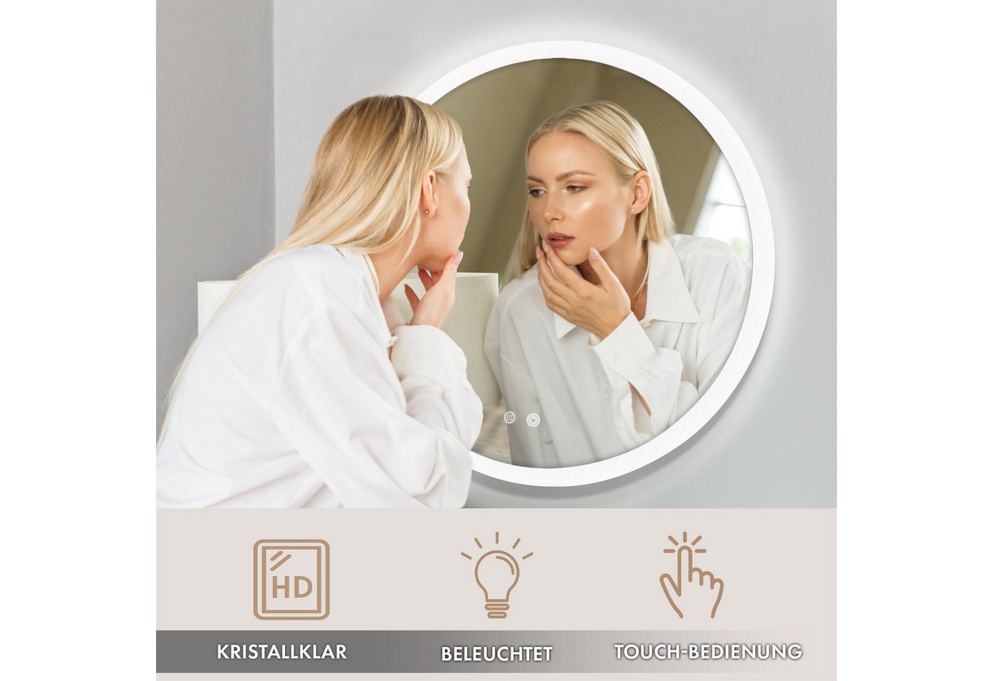 Floordirekt Badspiegel Liora, rundum LED Beleuchtung, Antibeschlag & 3 wählbare Lichtfarben (2 Touch-Schalter, 1-St., 60cm Duchmesser), Stufenlos dimmbare Helligkeit in Warm-, Neutral- & Kaltweiß Bild 5