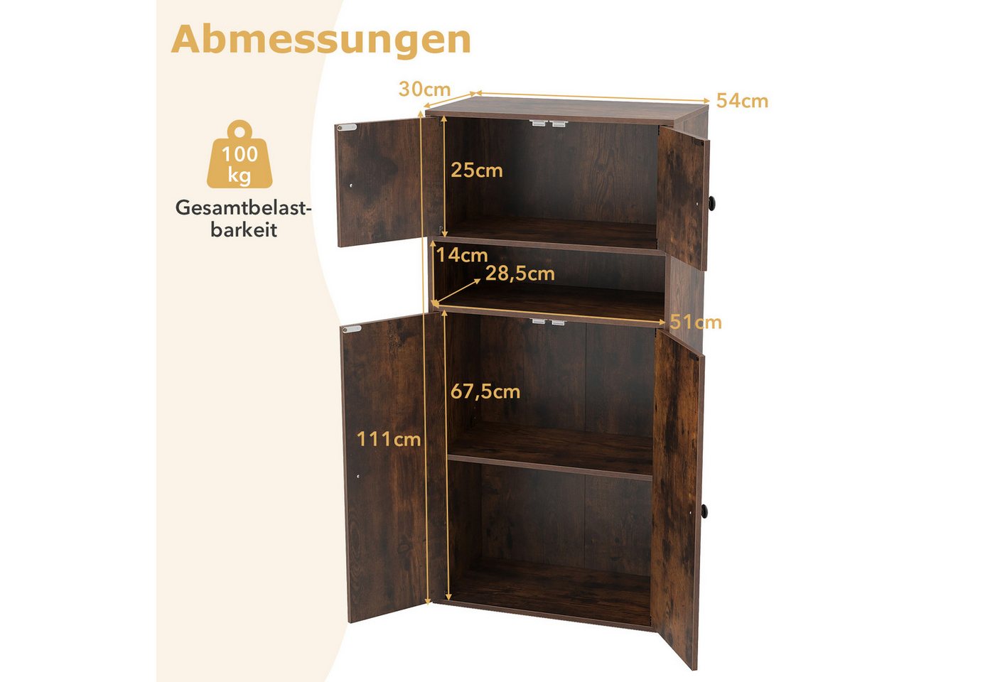 COSTWAY Bücherregal, Freistehender Vitrinenschrank mit 2 Anti-Kipp-Sicherungen