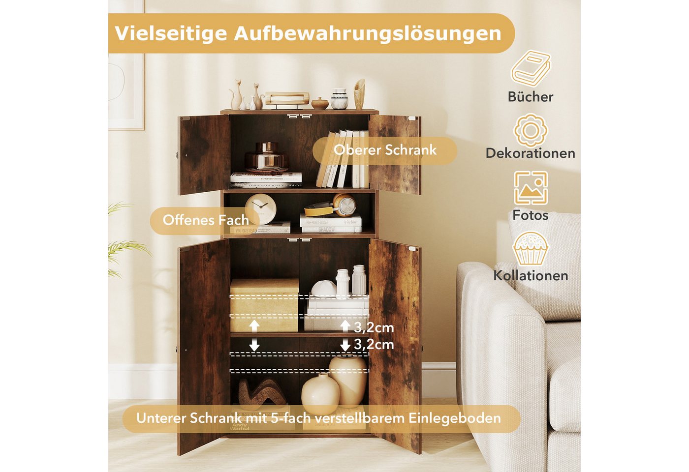 COSTWAY Bücherregal, Freistehender Vitrinenschrank mit 2 Anti-Kipp-Sicherungen Bild 2