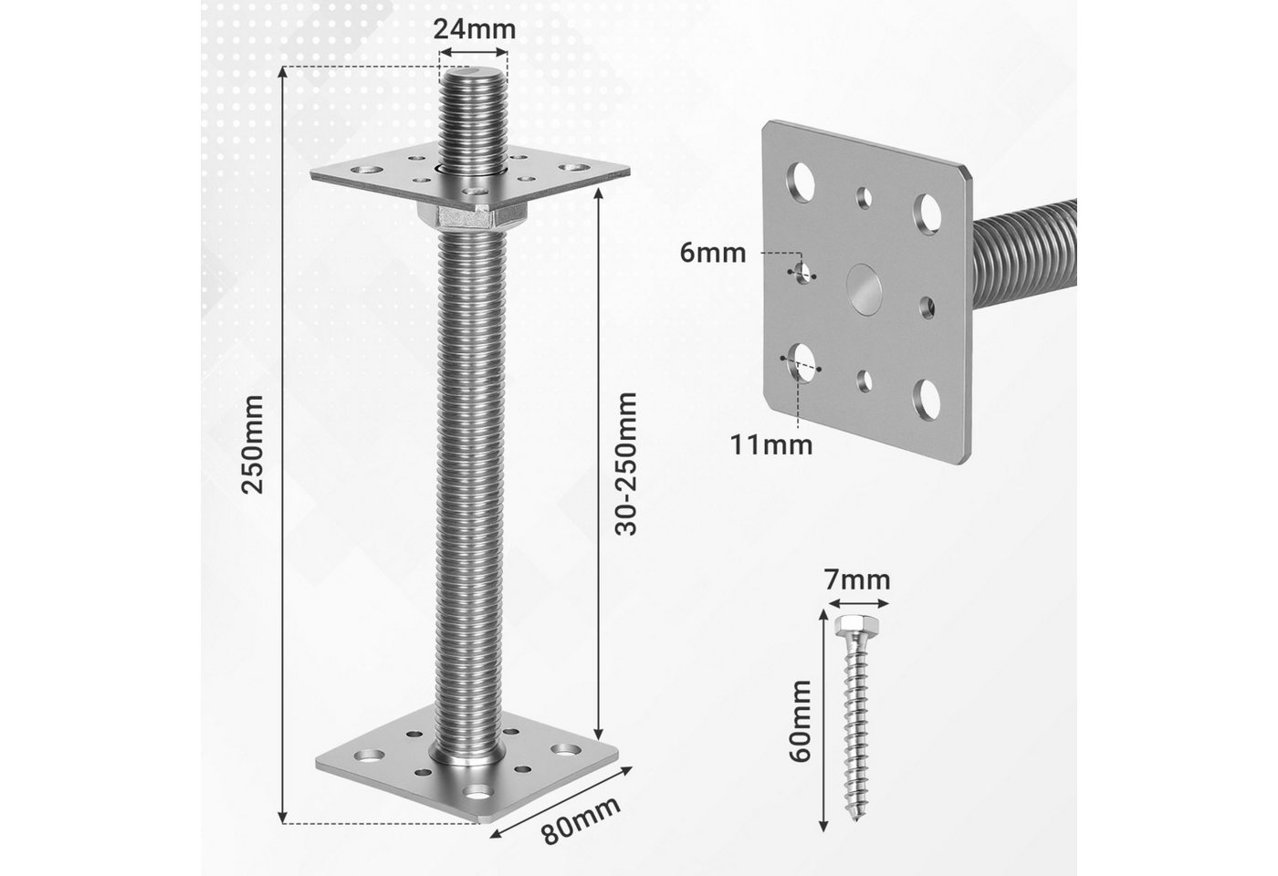Clanmacy Pfostenträger Pfostenträger höhenverstellbar 30–250 mm – für Zaun, Silber 4PCS Bild 4