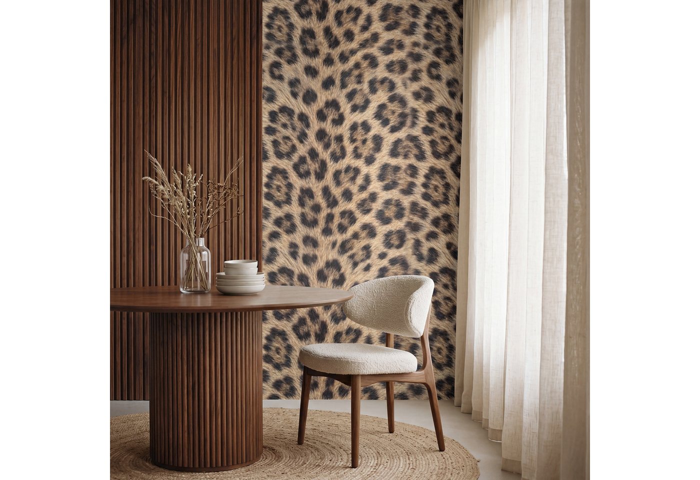 OnlyWow Fototapete Leopard - Mantel - Klassisch - Braun, Matt, bedruckt, Wandtapete, Schlafzimmer, Wanddekoration 100x220cm